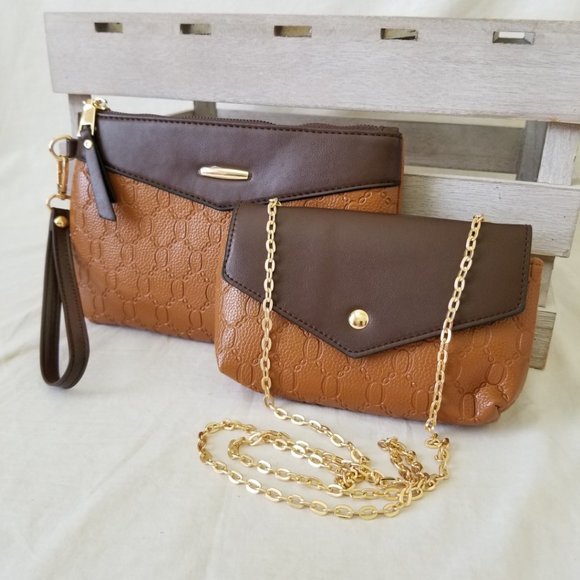 NEW! (2) Faux Leather Brown Purses with Wristlet & Gold Chain Strap - Picture 1 of 14